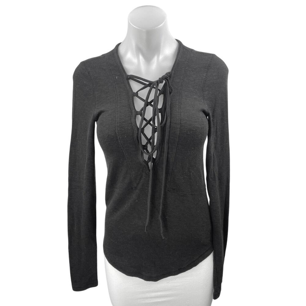 Free People Women's Black Lace Up Criss Cross Long Sleeve T Shirt Tee Top Size S